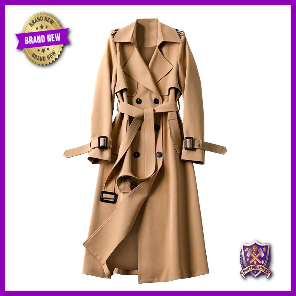 Double Breasted Long Trench Coat Belted Notch Lapel Classic Outerwear Windproof